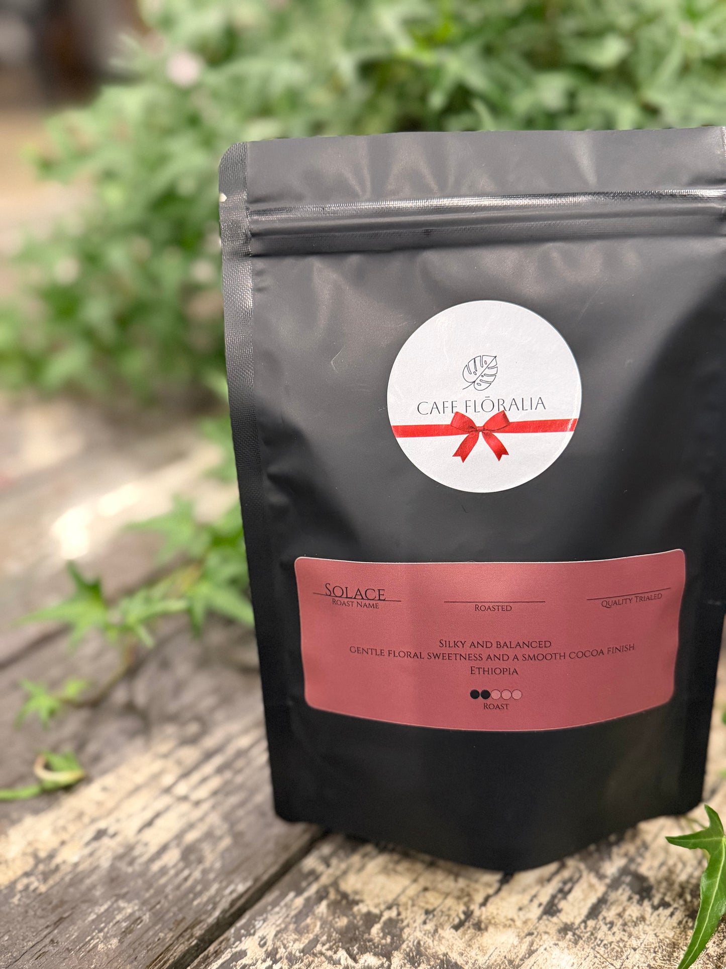 4 oz sample bag of Cafe Floralia Solace Roast coffee, Ethiopian light-medium roast