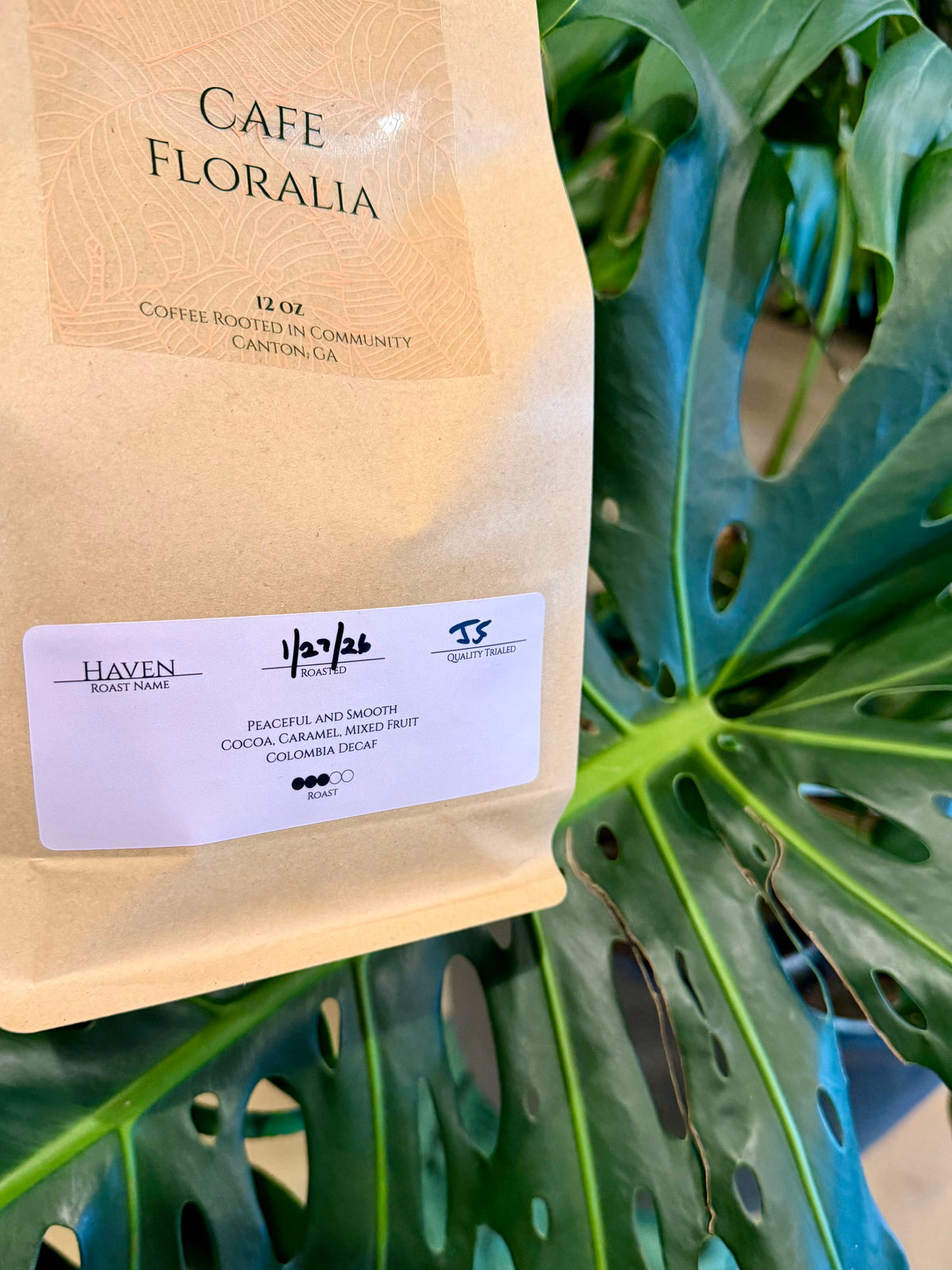 Bag of Cafe Floralia Haven Roast decaf coffee, Colombian medium roast