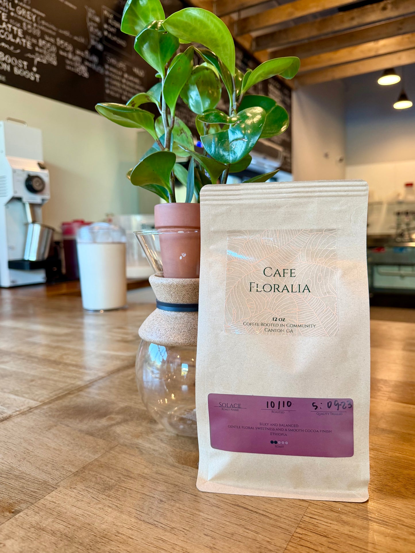 12 oz bag of Cafe Floralia Solace Roast coffee, Ethiopian light-medium roast