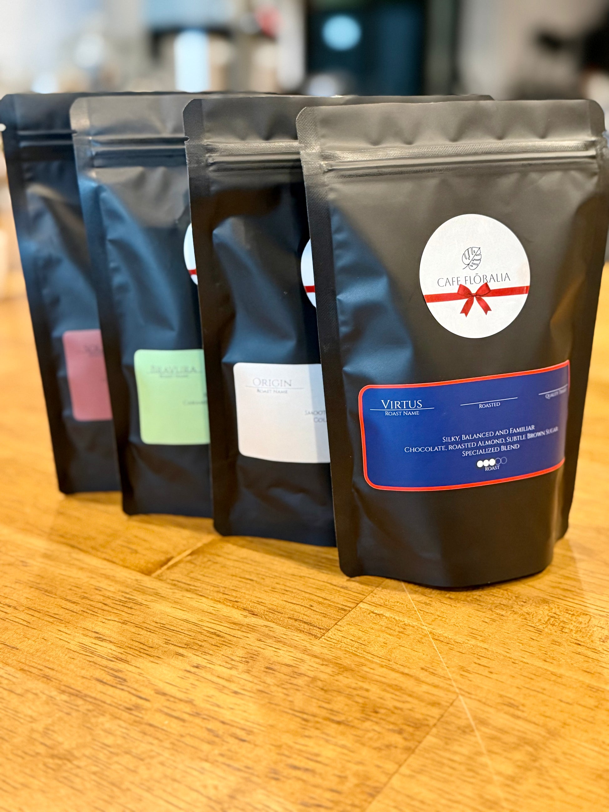 Cafe Floralia coffee sample bags, assorted roasts