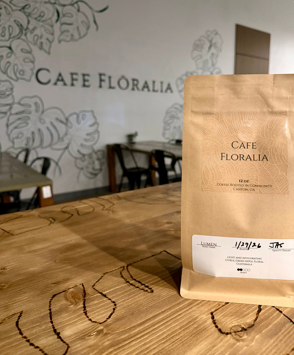Bag of Cafe Floralia Lumen Roast coffee, Guatemalan light roast